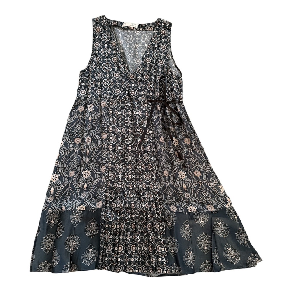 Odd Molly Women Grey Pink Paisley Medallion Pleated Wrap Dress Size 3 L - Picture 1 of 8